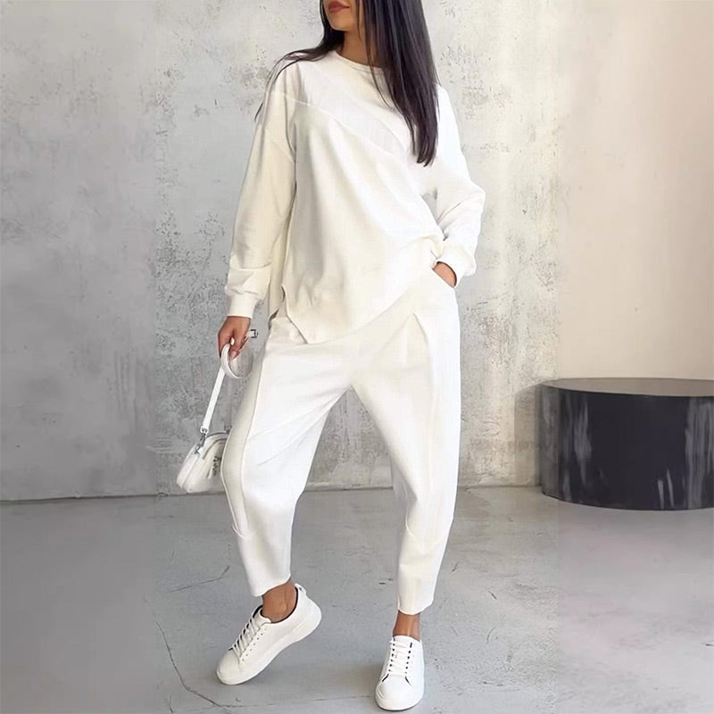 💕Conjunto de sudadera de manga larga con bajo irregular y pantalones para mujer